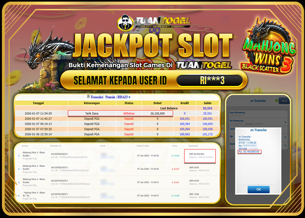 TUANTOGEL JACKPOT SLOT MAHJONG WINS 3 -BLACK SCATTER Rp26.100.000,- LUNAS